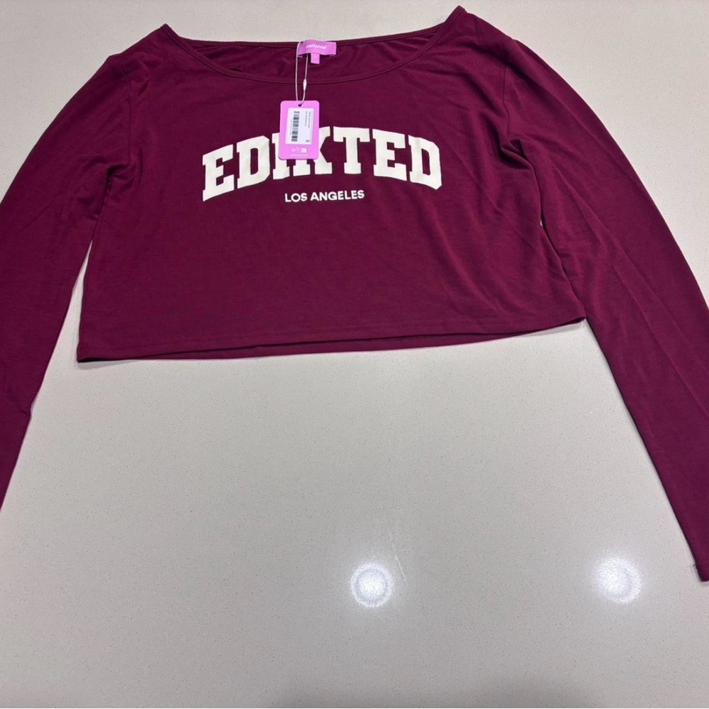 Edikted Cropped Long Sleeve Top in Burgundy with White Logo